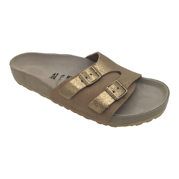 Birkenstock Vaduz Slide Sandal Gold Tone Leather Tan Suede Buckle 41 - Picture 3 of 10